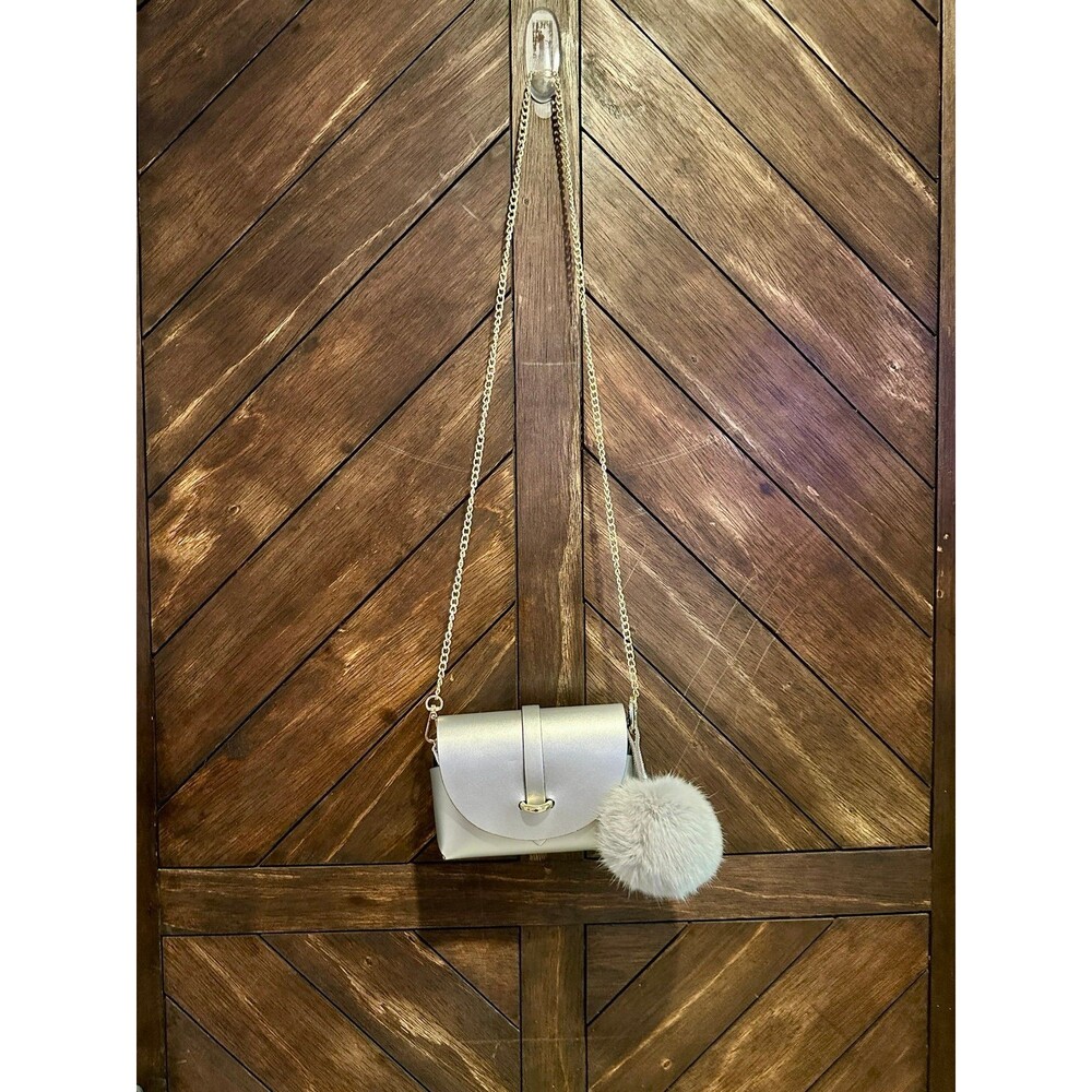 Silver Vintage Genuine Italian Leather Crossbody Bag with Gold Chain  & Pom Pom